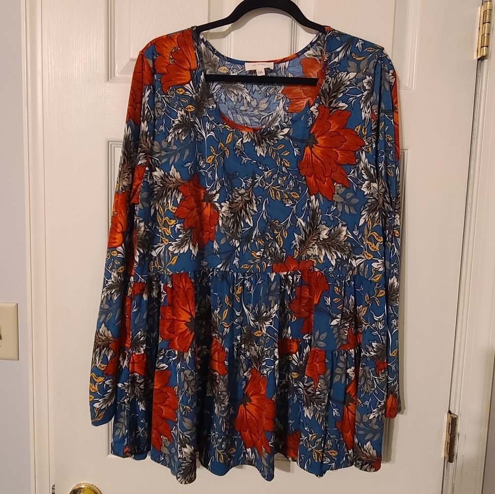 Blue Floral Tiered Long Sleeve Tunic with Red Flowers - BE Stage